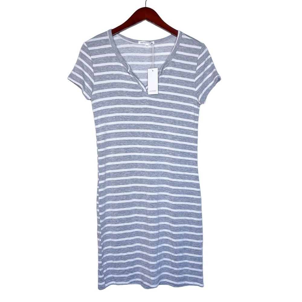 Antistar NWT Striped Jersey Knit T Shirt Dress Size Medium in Gray and White